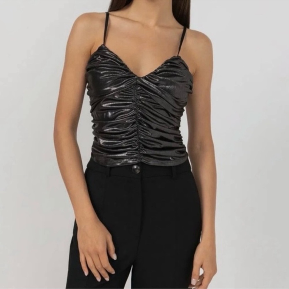 ZARA Metallic Black Ruched Camisole Top Size Medium
